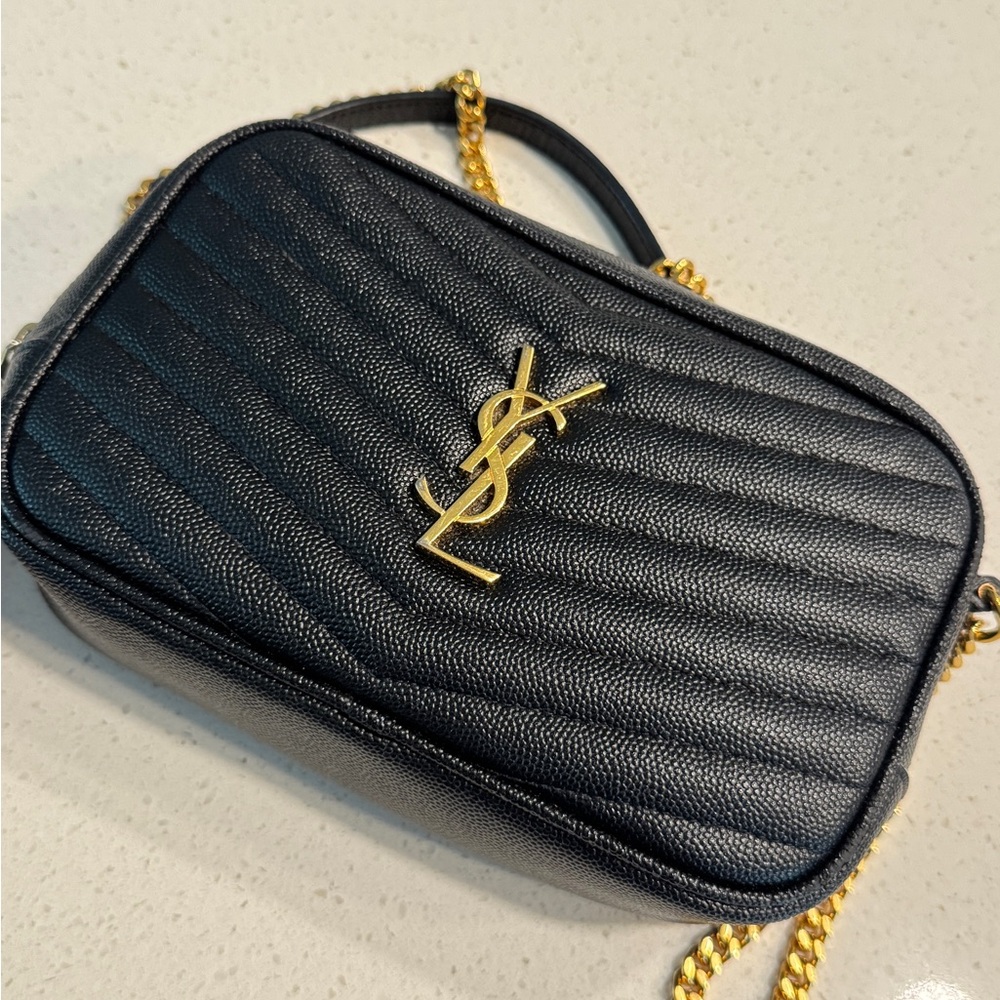 Black Saint Laurent mini lou camera bag - crossbody with gold chain